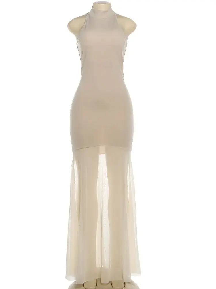 Nibber Patchwork Mesh Maxi Dress Women o-Neck Sleeveless Folds Skinny Elegant Banquet Fashion Vacation Classic Chic Vestidos