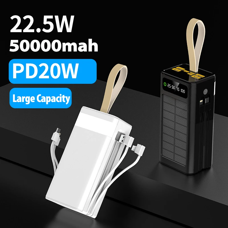 

50000mAh Solar Power Bank PD 20W Outdoor Portable Fast Charging External Battery 4 USB Phone Charger for Xiaomi with LED Light