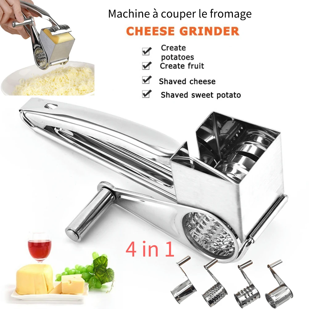 

4 in 1 Cheese Grater Stainless Steel Drum Hand-Cranked Cheese Grater Rotary Ginger Chocolate Cutter Home Kitchen Accessories