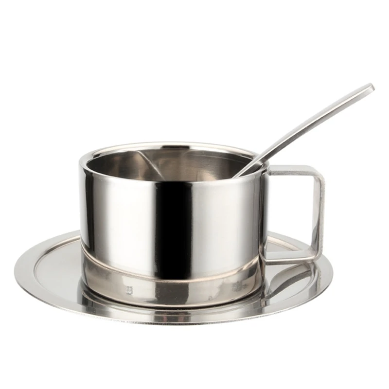 

Stainless Steel Double-layer Coffee Cup European-style Coffee Cup with Saucer and Spoon Three-piece Set for Hot Milk Tea