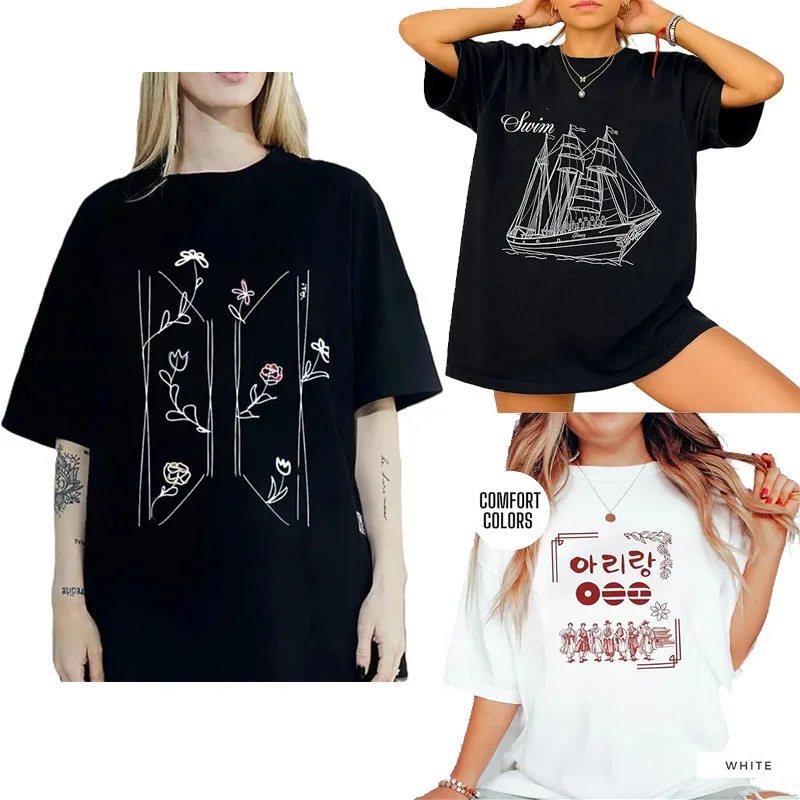 Kpop Swim World Tour Inspired T-Shirt Minimalist Flower Women's Fashion Graphic Clothing Music Lover Streetwear Novelty Tee Gift