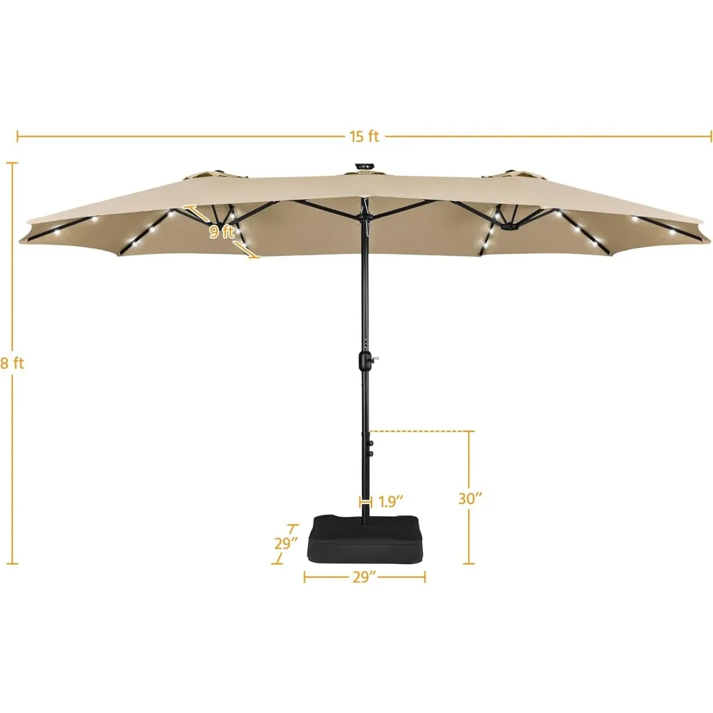 15 ft Large Patio Umbrella, Solar Lights Double-Sided Outdoor Rectangle Market Umbrellas with 36 LED Lights/Base Included/Crank 5