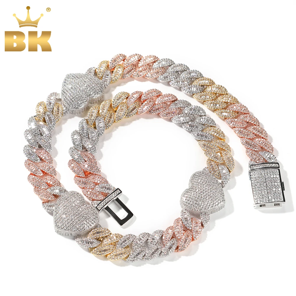 

THE BLING KING 16MM Miami Cuban Bracelet Necklace With Big Hearts Iced Out Baguettecz Cubic Zirconia Fashion Hiphop Jewelry