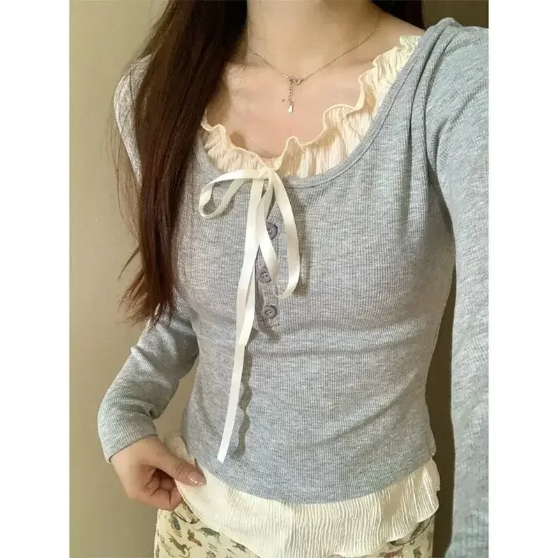 T-shirts Women Slim Sweet College Fashion Korean Spring Soft Leisure Cropped Spliced Designed New Arrival Daily Casual
