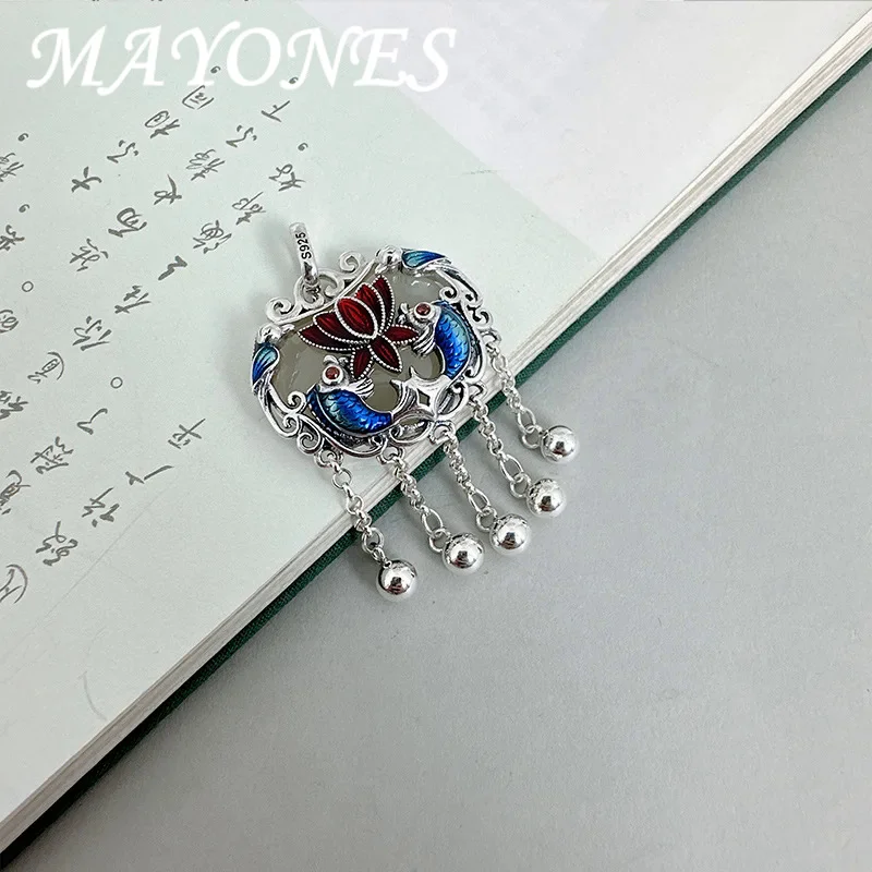 

Женский кулон-чокер MAYONES из серебра 925 пробы с эмалью, подвеска в виде лотоса с ажурной рыбкой ручной работы с нефритом