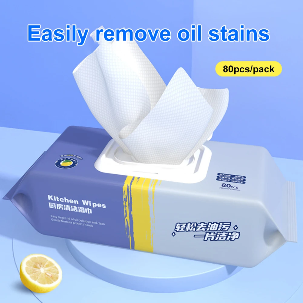 

80pcs/pack Kitchen Wipes Disposable Wet Wipes for Heavy Oil Household Cleaning Cloth Oil Removal Wiping Rag for Range Hood Table