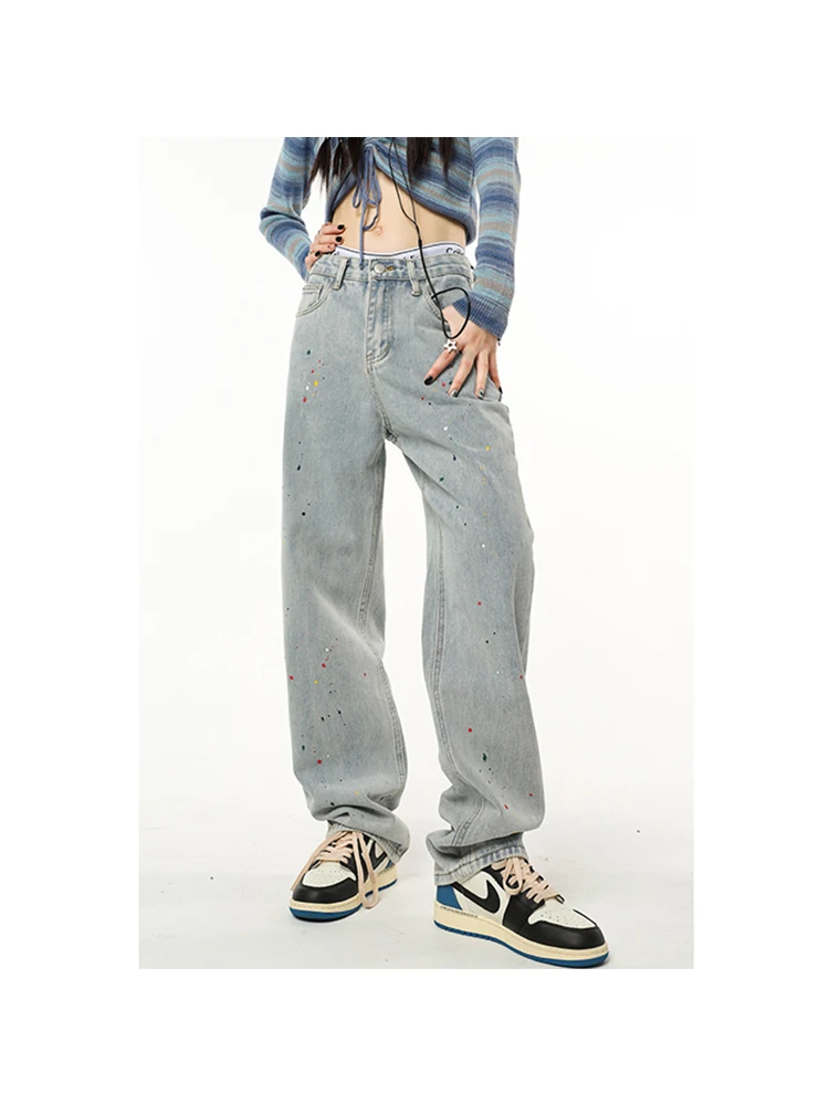 

2023 Spring Women Splashed Paint High Waist Straight Jeans Trousers Korean Hip Hop Style Vintage Denim Feamle Harajuku Y2K Pants