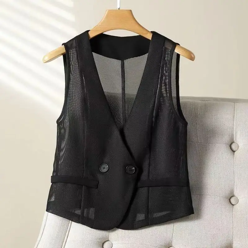 Collar mesh short vest for women's summer 2024 new slim fit design, breathable vest  waistcoat women  women vest