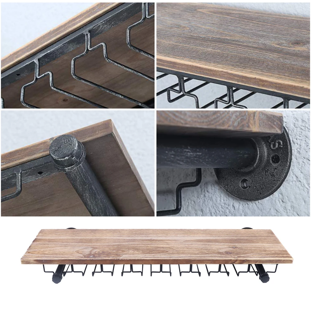 Wine Rack Wall Floating Bar Shelves Wine Shelf Real Wood Shelves Wall Shelf Unit Steam Punk Pipe Shelving Wine Glass Rack 2