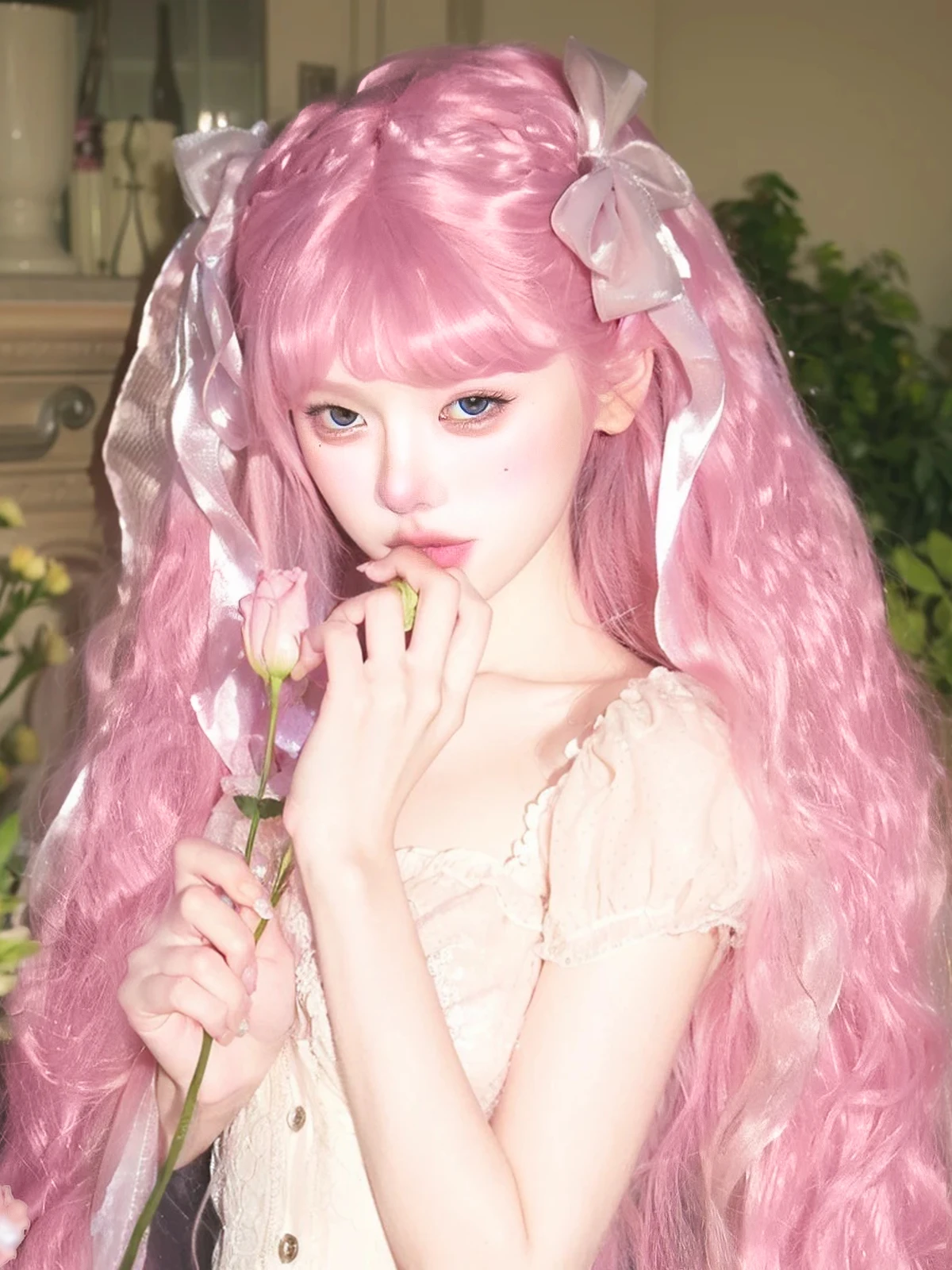 

Wig Women's Long Hair Light Pink Small Curls Japanese Lolita Universal Cos Fashion Natural Curly Full-Head