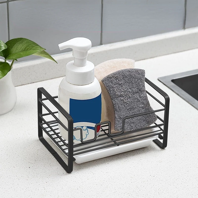

Kitchen Sink Caddy Organizer, Sponge Holder, Towel Rack, Soap Brush Holder, Space Aluminum with Removable Drain Tray