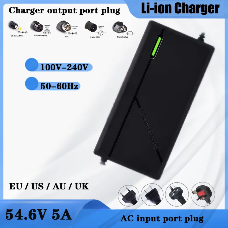 

54.6V 5A Lithium Battery Charger 13S 48VBattery Pack Quick Charge Smart Protection Output Port DC/Aviation/RCA/XLR/Triangle plug