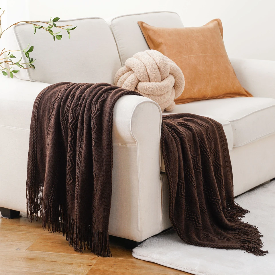Caramel Knit Throw Blanket - Lightweight Plaid Blanket for Couch and Bed