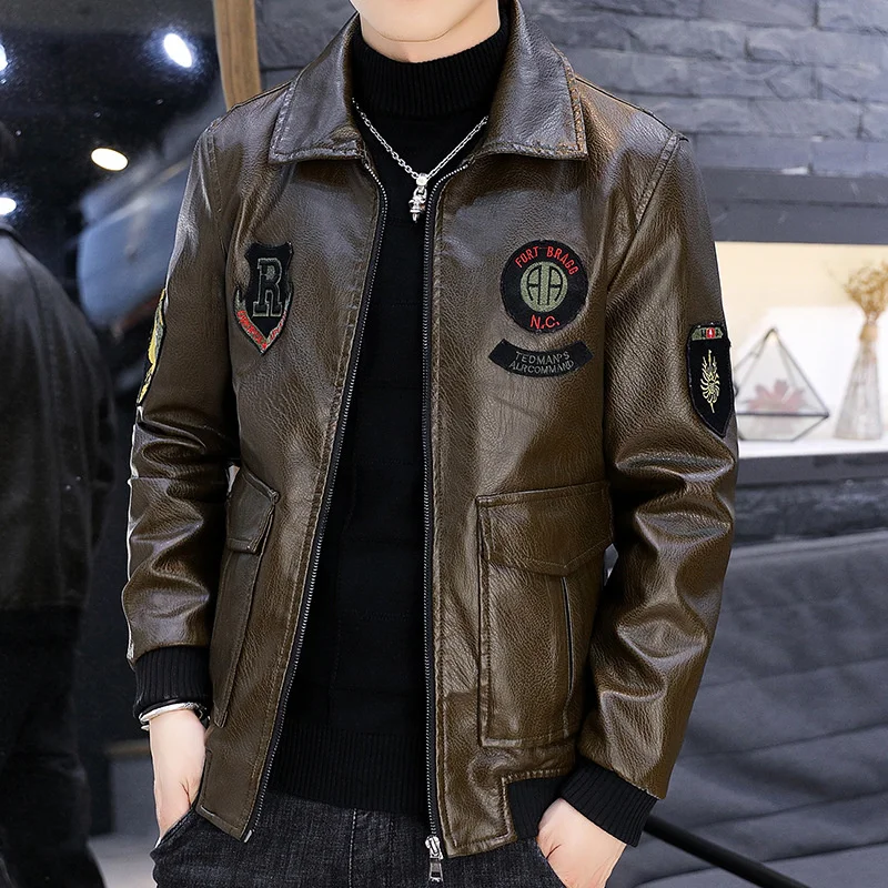 

Faux Leather Jackets 2024 Autumn Winter New Men's PU Lapel Coats Locomotive Korean Style Slim Man Streetwear Outwear