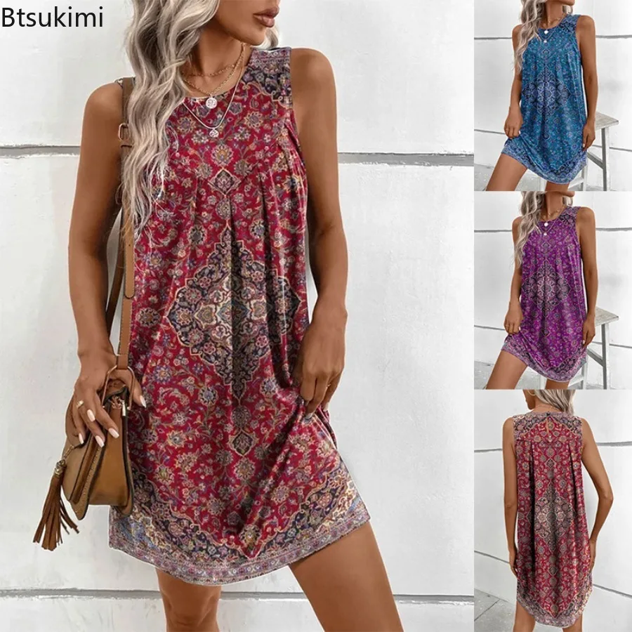 

2023 Women's Summer Casual Dress Sleeveless Geometry Printed Ethnic Style Tank Beach Dress Fashion Female Club Dress Vestidos