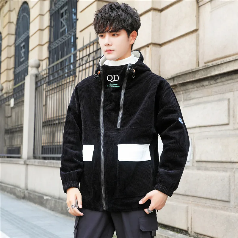 

Fashion Color-blocking Hooded Coats Winter Men's Plus Velvet Thick Warm Cotton Clothes Youth Male Loose Padded Jackets Outerwear