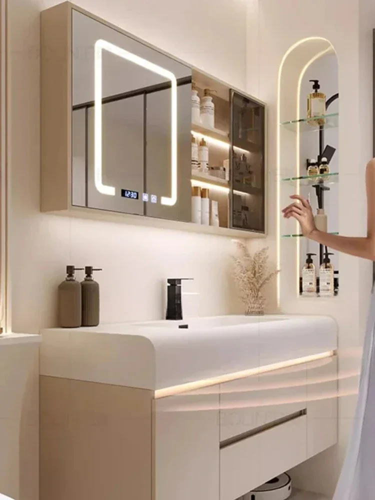 Nordic Cream Style Bathroom Cabinets Luxury Vanity with Sink Fog Removal Smart Mirror Cabinets Fashion Furniture Шкафы FYBC