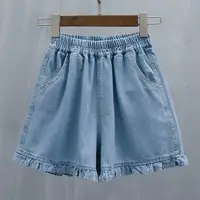 Short Pants for Woman To Wear Elastic Waist Women's Shorts Denim Mid Length Kawaii Cute Ruffle Knee Jeans Bermuda Half Outdoor - Image 2