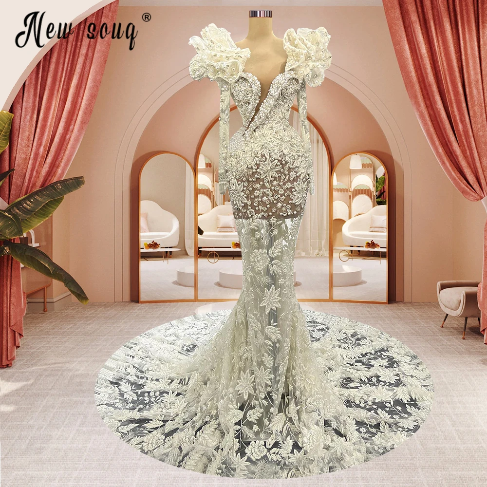 

Sexy Mermaid Pearls Wedding Dresses 2023 Lace Appliques V-Neck Bridal Gown Vestido De Novia Luxury Robe De Mariée Arabic