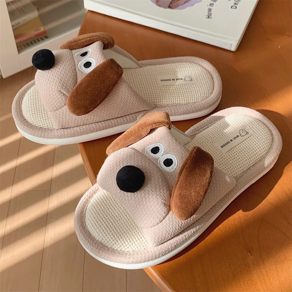Ladies Soft Sole Casual Couple Style New Shoes Ventilated Comfortable Cute Puppy Pattern Design Non-slip Linen Home Slippers — view 5
