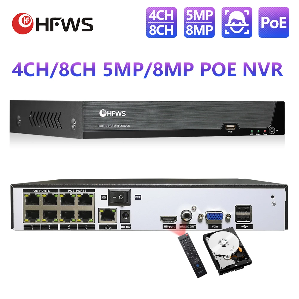 HFWVISION 4 Channels/8 Channels Security Camera System 5mp/8mp Poe Nvr Video Recorder Surveillance Cctv Security Protection dvr misecu h 265 nvr 8ch 5mp 4mp wireless recorder wifi cctv ip camera security protection system p2p hdmi xmeye network video onvif