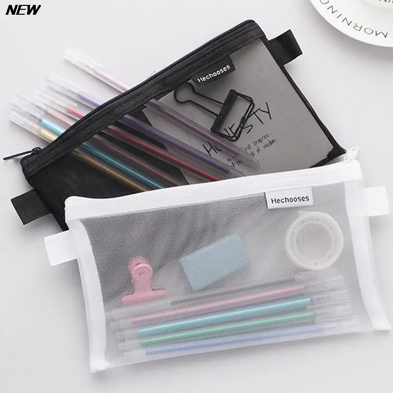 

1PC Simple Transparent Mesh Student Pencil Case Portable Pencil Case Capacity Zippered Document Bag Exam Stationery Bag 6 colors