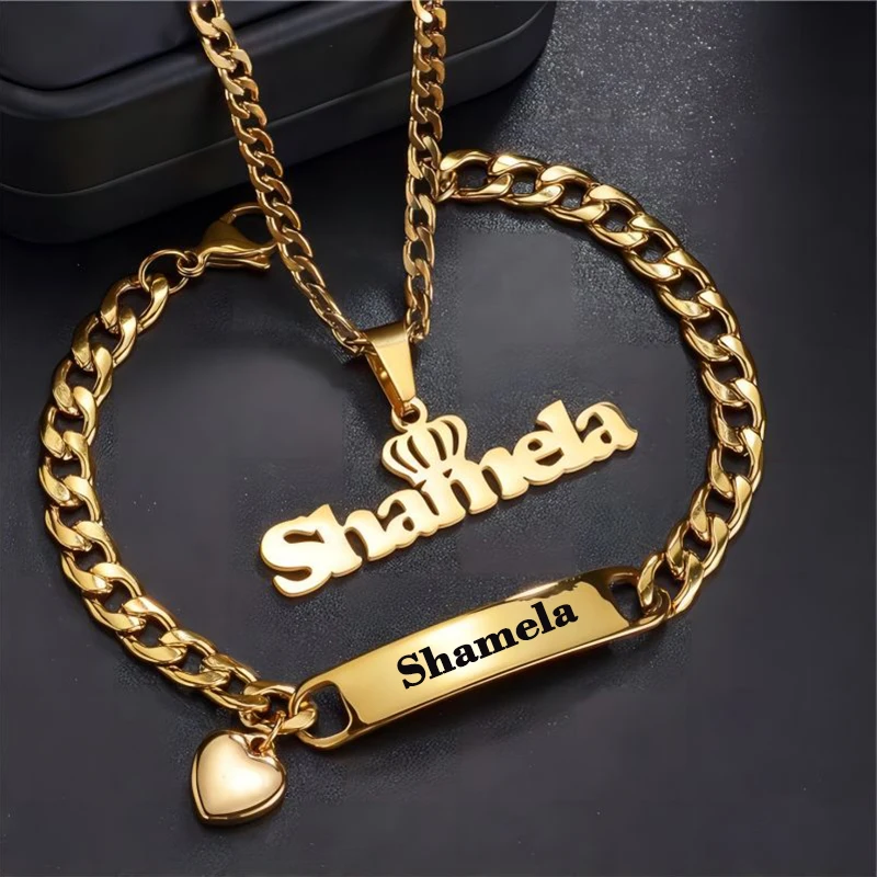 

HIYONG Personalized Engraved Name Bracelet Necklace Women Stainless Steel Custom Heart Chunky Chain Pendant Jewelry Set Gift