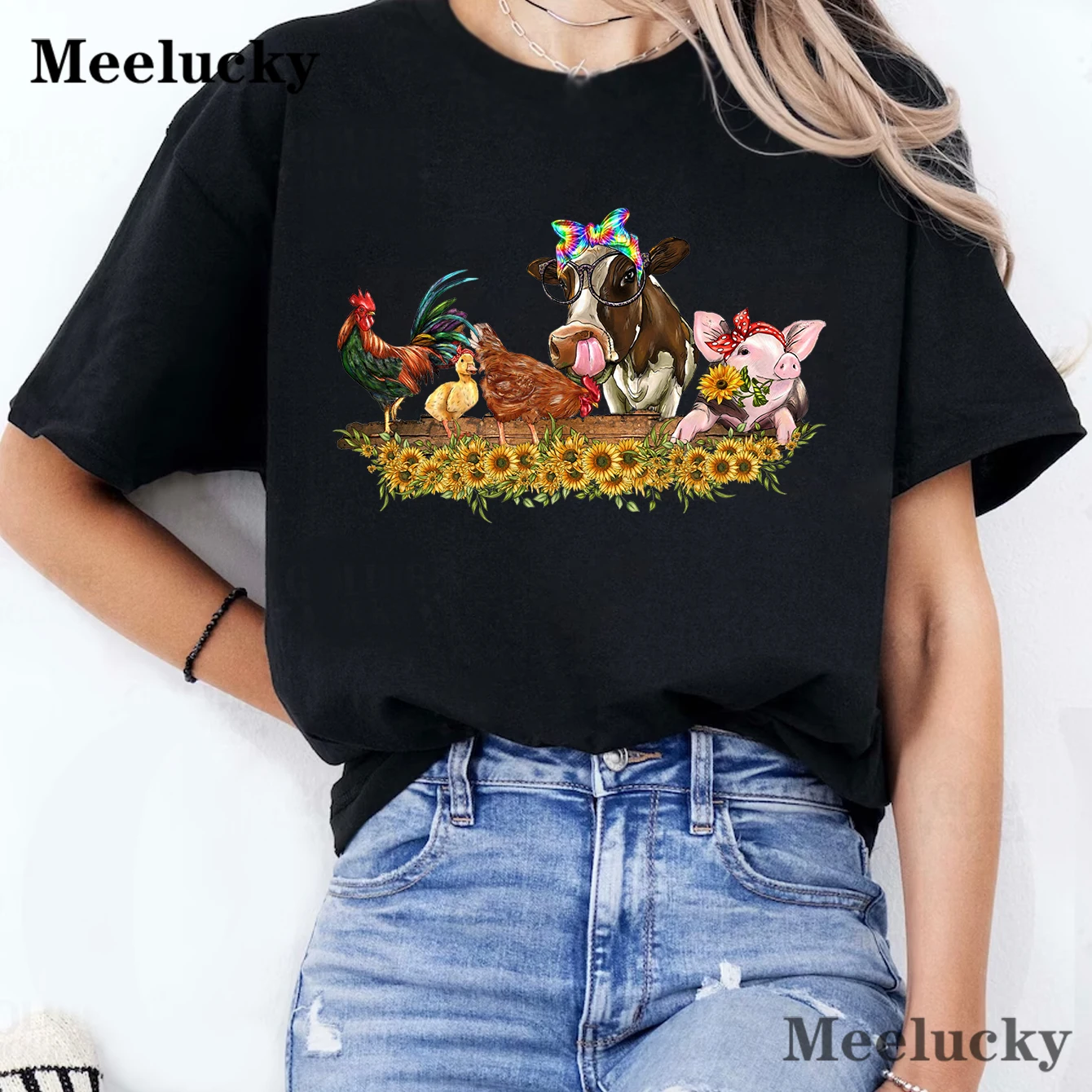 

Rooster Duck Chicken Cow And Pig With Sunflower Pattern Printed Women's Pure Cotton Summer Short Sleeve Round Neck Top