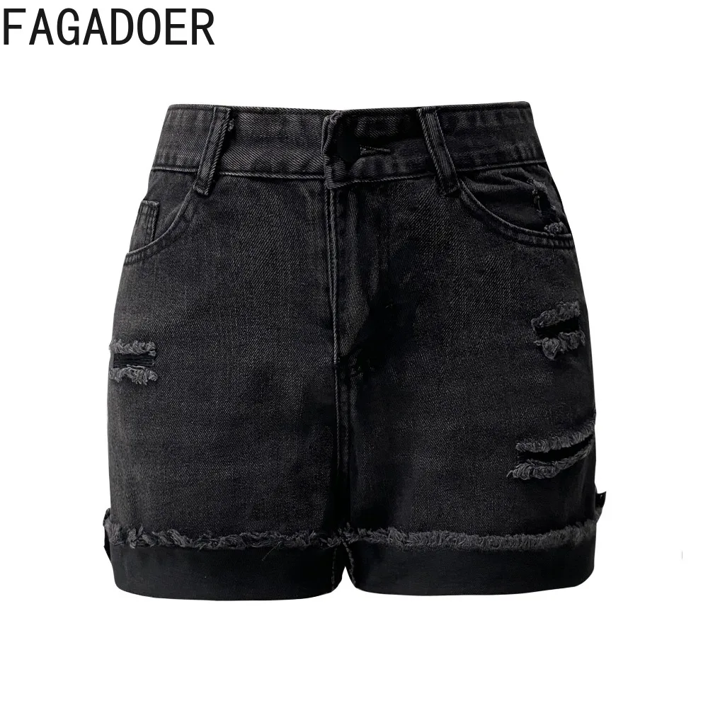 FAGADOER Black Fashion Hole Fur Skinny Denim Shorts Women High Waisted Button Jean Casual Female Pocket Matching Cowboy Bottoms