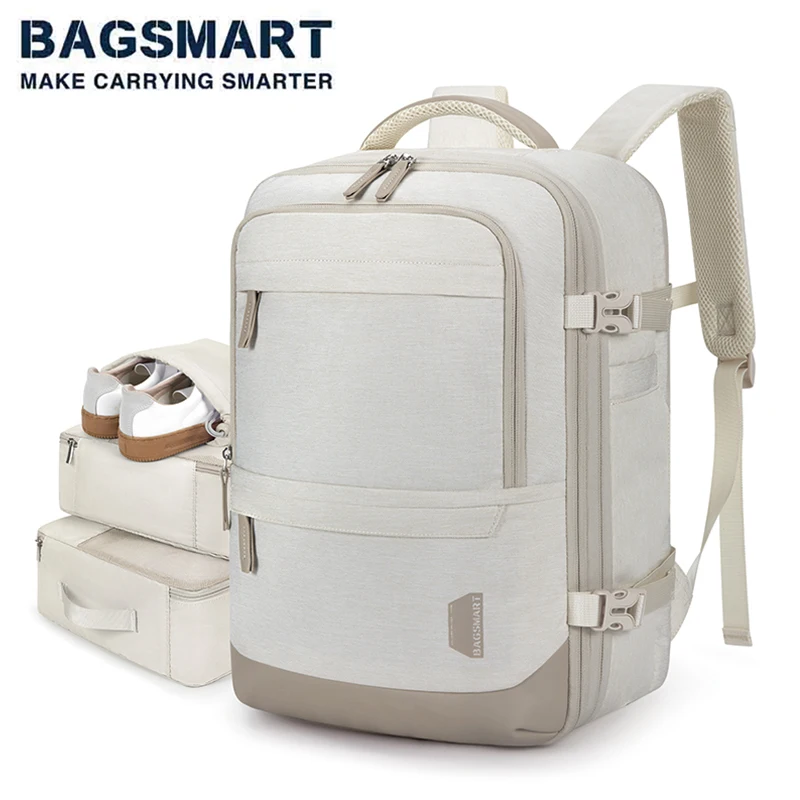 BAGSMART-Sac à dos pour ordinateur portable 17 en effet, cabine de voyage, sac à dos de transport extensible de 40L avec sac à chaussures, sac à dos féminin étanche, 4 pièces