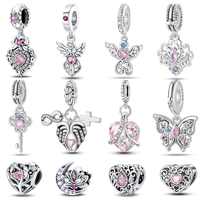 Charms aus 925er-Sterlingsilber, klassisch, lila, Retro-Herzform, Lotus-Engel-Muster, Perlen, passend für Qikaola Original-Armbänder, DIY-Schmuck