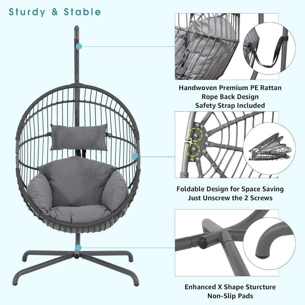 Indoor Outdoor Egg Swing Chair with Stand, Oversized Cocoon-Shaped Rope Woven Hanging Chair W/Cushion, Safety Strap 4