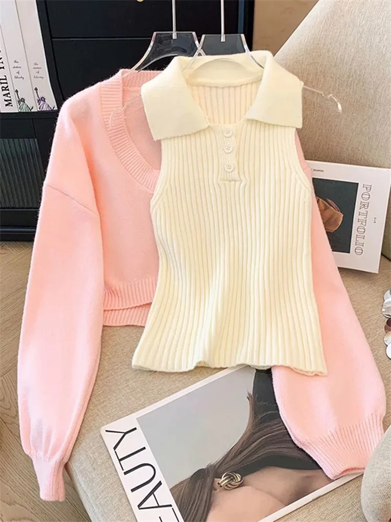 College Style Knitted Sweater Vest Two-piece Set For Women's Autumn 2026 Autumn Winter New Sweet Age Reducing Fashion Set