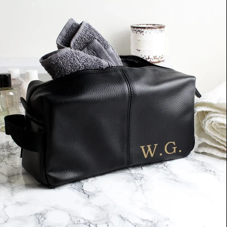 Toiletry Wash Bag Personalised With Gold Monogram Lnitials Black Leather Look For Him Groomsmen Mens Dad Bestman Father Gift 3