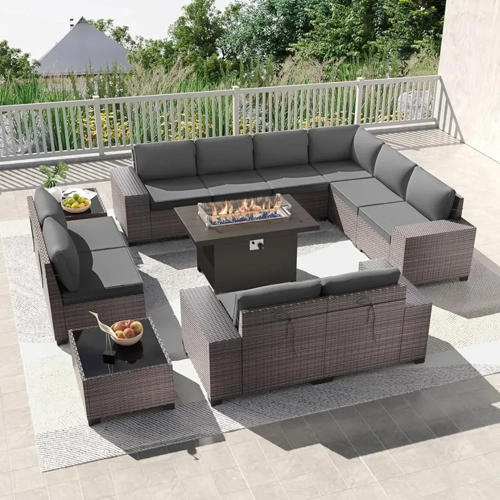 Garden Sofas Furniture Set with  Metal Gas Propane Fire Pit Table PE Wicker Rattan Sectional Sofa Patio Garden Sofas,Cream