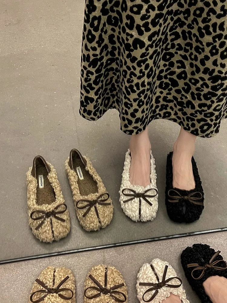 

Shallow Mouth Bow-Knot Shoes Woman 2023 Female Footwear Autumn Loafers Fur Low Heels Modis Slip-on Butterfly New Dress Fall Cute