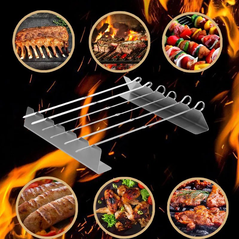 Stainless Steel BBQ Skewer Rack Holder Stand Anti-Stick Kebab Set for Outdoor Camping Picnic