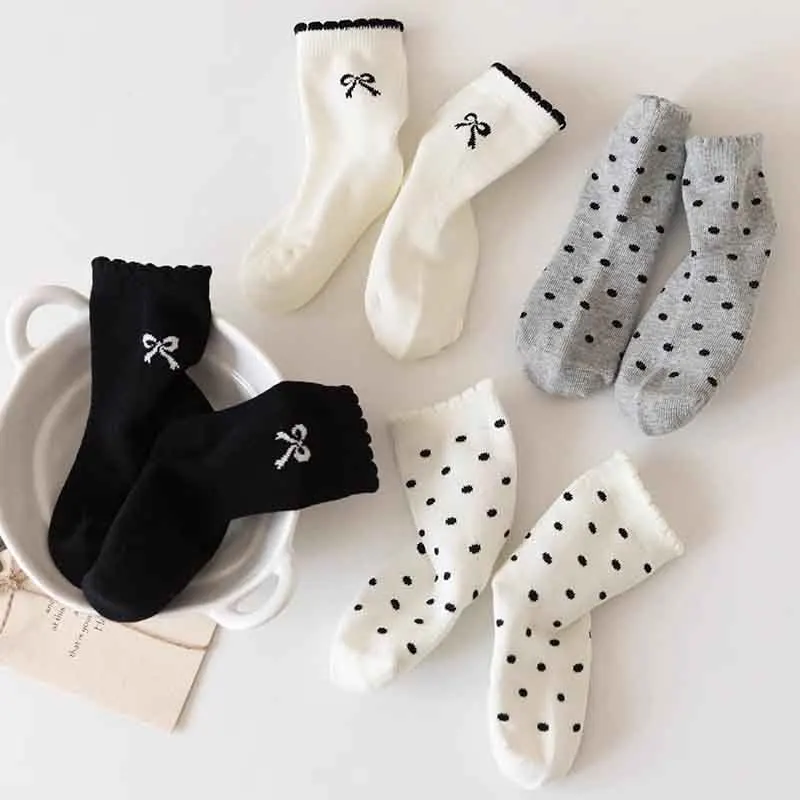 5Pairs Baby Socks Toddler Soft Comfortable Breathable Bow Dots Pattern Kids Footwear Elasticity Wrinkle Resistant Athletic Socks