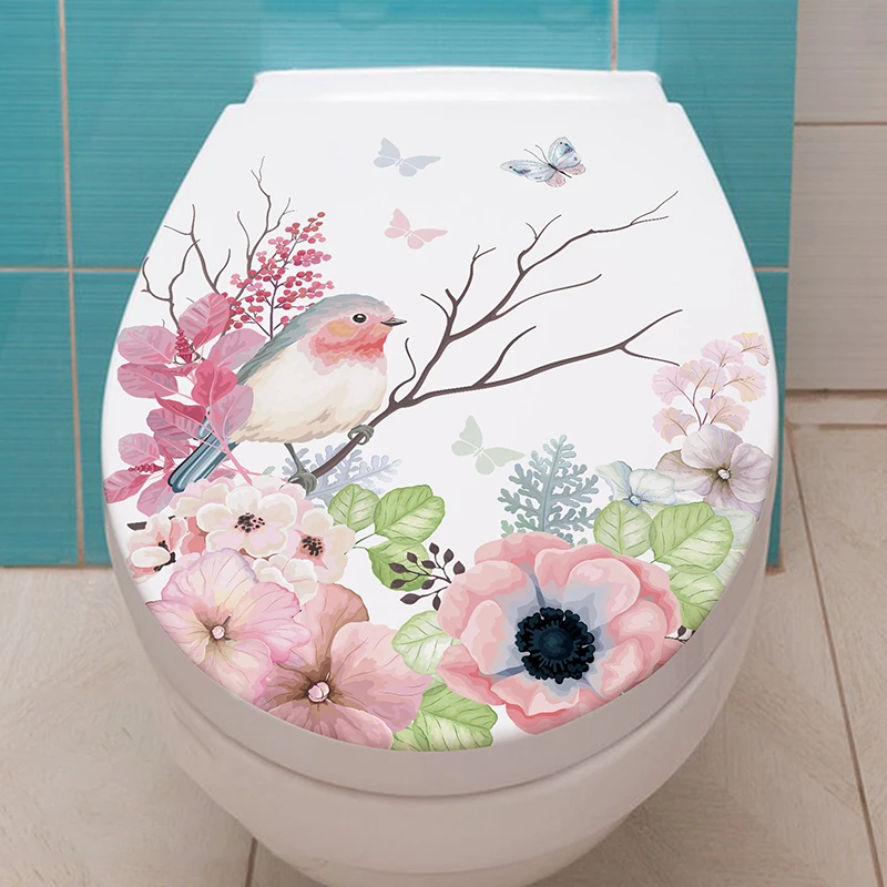 Branches Flying Birds Flowers Toilet Seat Cover Stickers Bathroom Creative Waterproof Removable