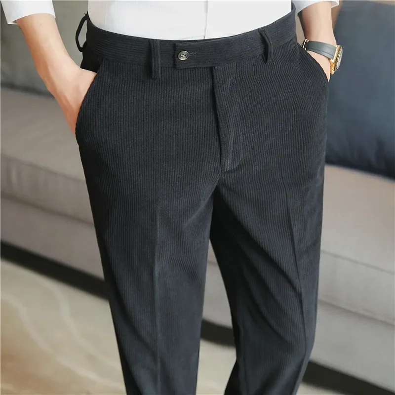 New Autumn and Winter Thick Striped Suit Pants Corduroy Casual Pants High-quality Slim Fit Business Office Formal Pants 4