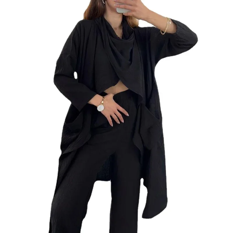 Fashionable Loose Solid Color Fitting Casual Pocket Shawl Collar Cardigan Shirt Cropped Pants Two Piece Set for Women