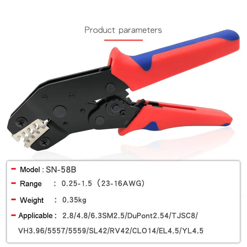 SN-58B Ratchet Crimping Plier Crimper Tool 0.25-1.5mm² AWG24-16 Jaw for Dupont TE JST Molex Terminal Wire Electrical Pliers 5