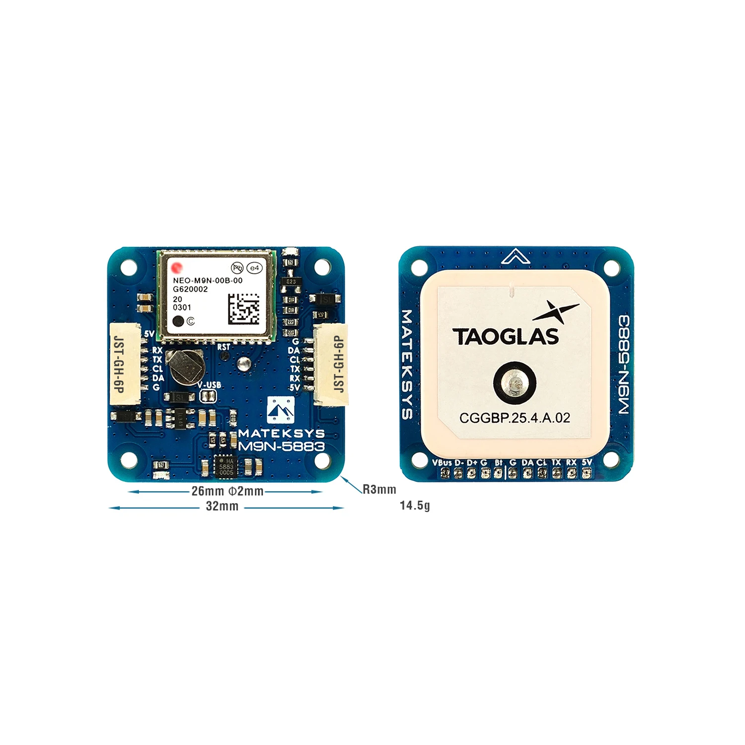 Récepteur GPS/GLONASS/Galileo M9N-5883 avec boussole QMC5883L, échelle centimétrique à côté.