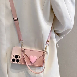 Love - Shaped Cross - Body Strap with Card Holder - Impact - Resistant Phone Case - iPhone 15 (Pink)