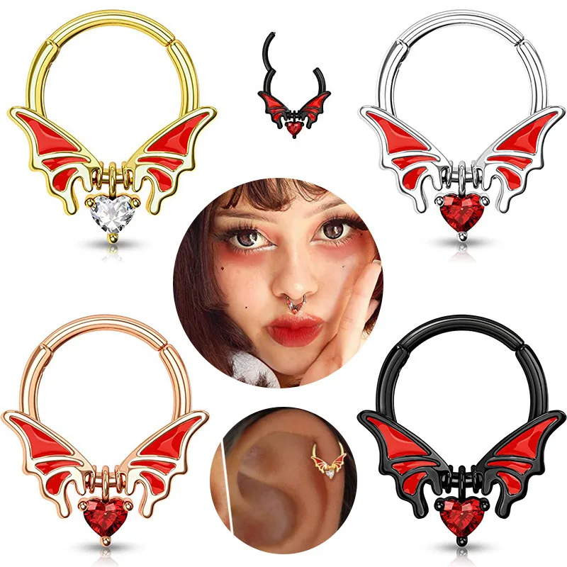

1 Pcs Bat Design CZ Crystal Nose Ring 316L Stainless Steel Septum Clicker 16G Ear Tragus Cartilage Daith Piercing Jewelry