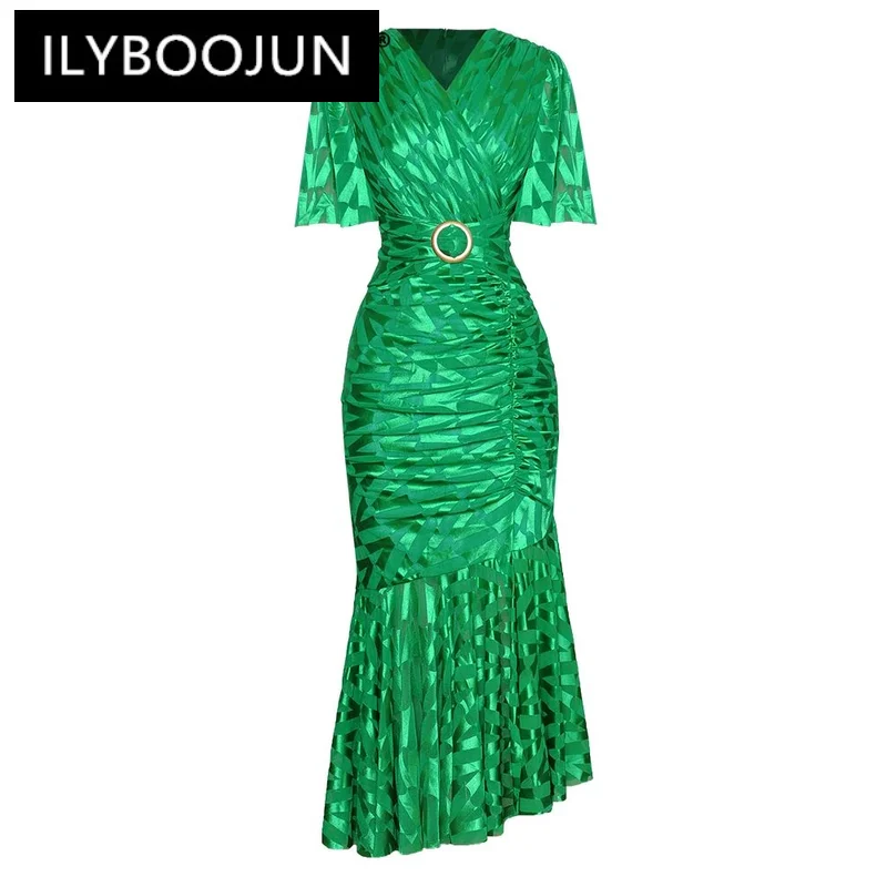 

ILYBOOJUN Fashion Designer Summer Mermaid Dress Women V-Neck Flare Sleeve Folds Geometric Print Office Lady Long Dresses