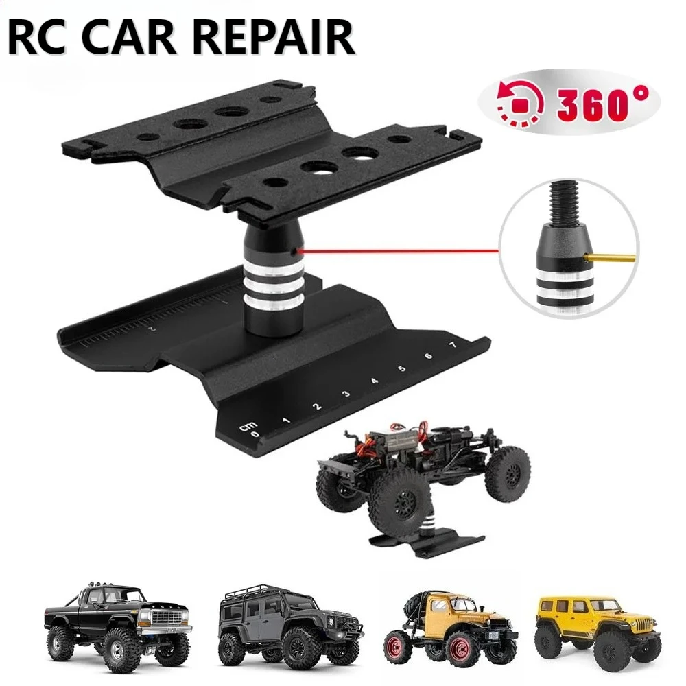 Support de réparation voiture RC réglable en alliage d'aluminium pour TRX4M, montrant les bras ajustables et la base stable