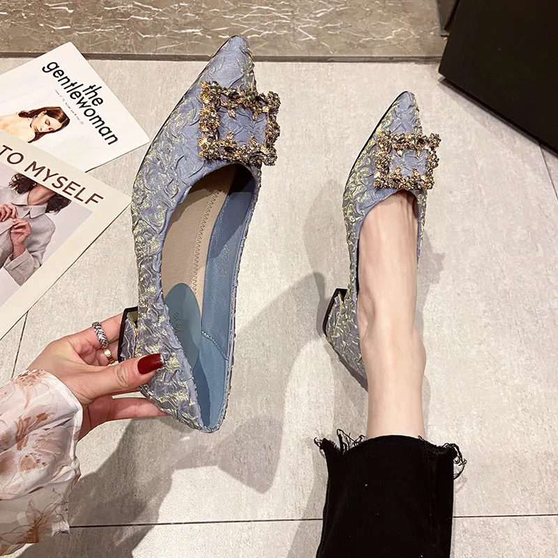 Shoes Women's Pumps 2022 New Slip-On Rhinestone Square Buckle Pointed Toe Shallow Shoes Square Heel 3CM Fashion Shoes
