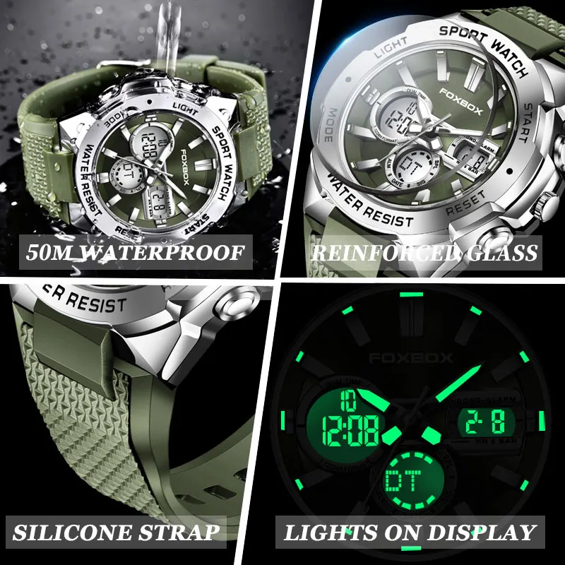 FOXBOX Quartz Watch For Men Silicone Band Sports Wristwatches Waterproof Alarm Clock Analog Digitals Clock Reloj Hombre FB0032
