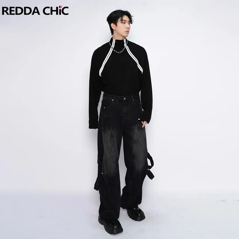 

Черные мешковатые джинсы REDDACHIC со съемным поясом, мужские брюки Cleanfit, свободные прямые повседневные широкие брюки с низкой посадкой, одежда в стиле ретро, хип-хоп